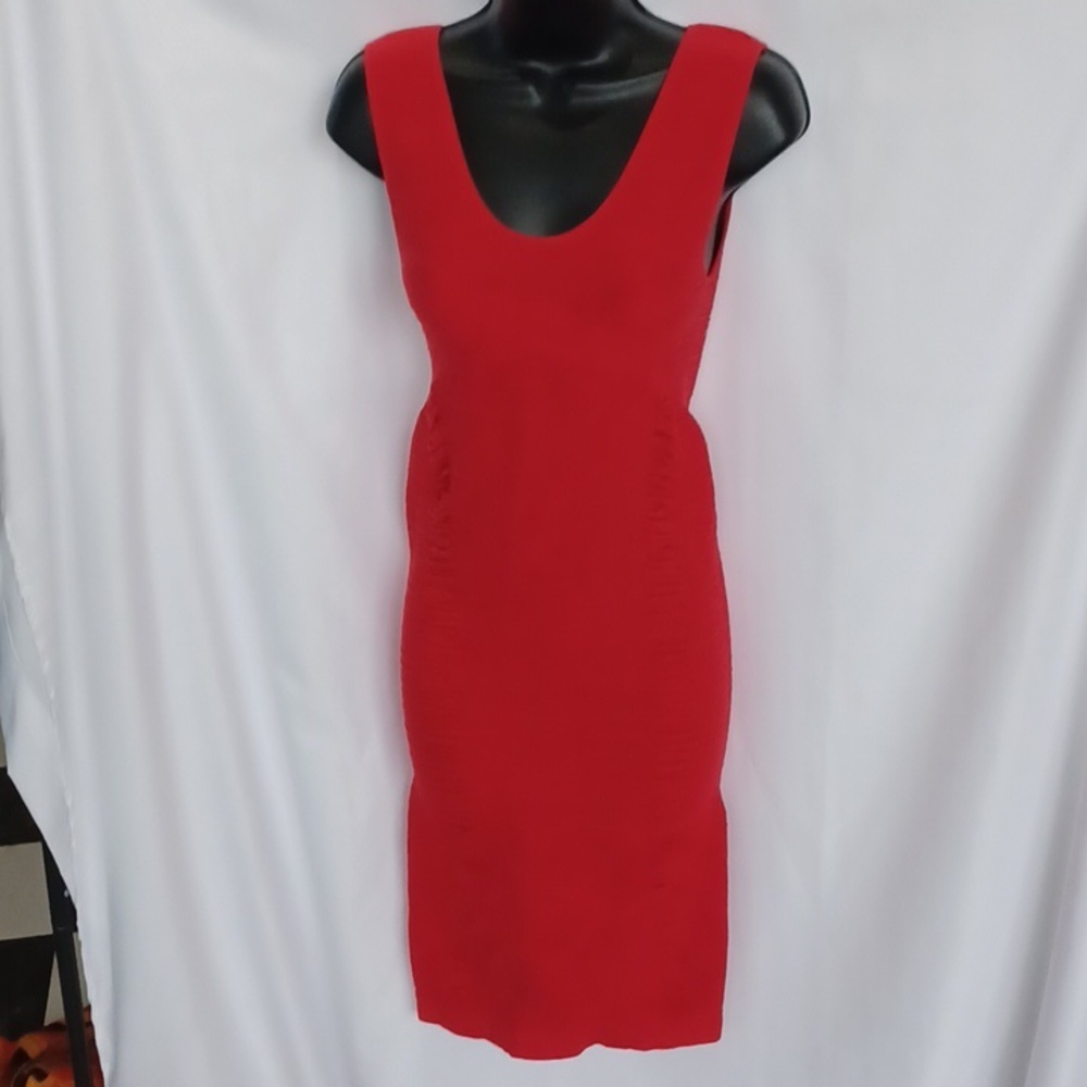 Aura Red Bodycon Ribbed, Ruched Dress, L/XL, 14" PTP, STRETCHY, 36" L
